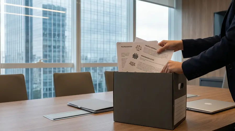Uma imagem com um prédio corporativo e, em primeiro plano, documentos de política interna e símbolos genéricos de diversidade/igualdade sendo retirados ou guardados em uma pasta, para ilustrar a ideia de empresas revendo programas de DEI sob pressão política.
