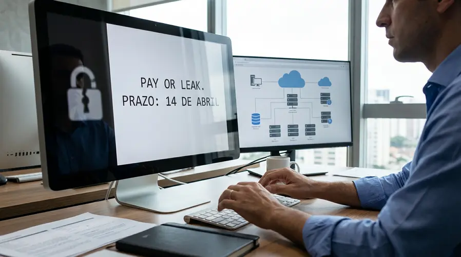 Uma arte de matéria mostrando uma tela de computador com uma mensagem de chantagem em destaque, incluindo o texto 'pay or leak' e uma linha de prazo vencendo em 14 de abril, com elementos visuais discretos de servidor em nuvem e cadeado quebrado ao fundo, para ilustrar a ameaça do grupo à Rockstar.