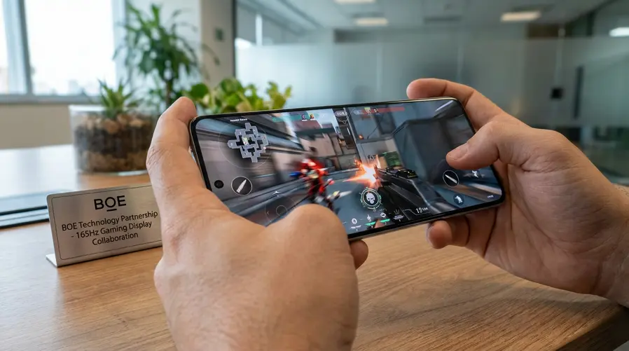 Uma imagem em close da tela do OnePlus Ace 6 Ultra exibindo um jogo de tiro em primeira pessoa com movimento rápido e interface fluida, para evidenciar a proposta de 165Hz; ao lado ou em destaque no enquadramento, mostrar o selo ou referência visual da parceria com a BOE e a ideia de uma tela pensada para gameplay competitivo.