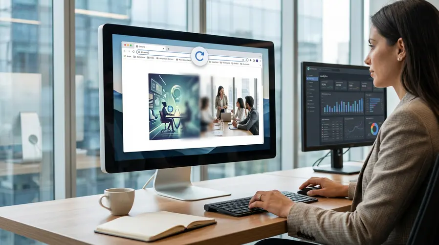 Uma captura de tela do Chrome mostrando uma página com uma imagem original sendo substituída por outra versão gerada por IA, acompanhada do efeito visual de recarregar a página e fazer a imagem voltar ao conteúdo normal do site.
