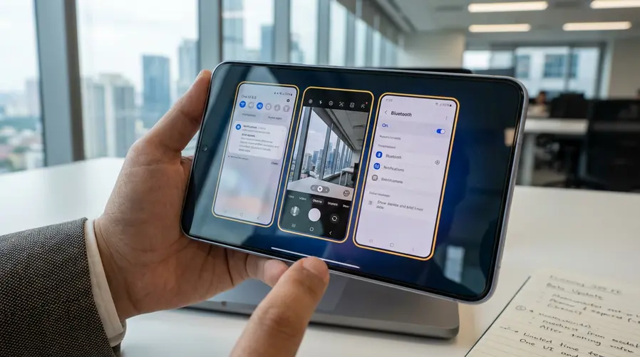 Tela de um Galaxy S25 FE exibindo a interface da One UI 8.5, com destaque visual para notificações, câmera e menu de Bluetooth lado a lado, como se mostrasse as áreas do sistema que receberam ajustes nesta beta.
