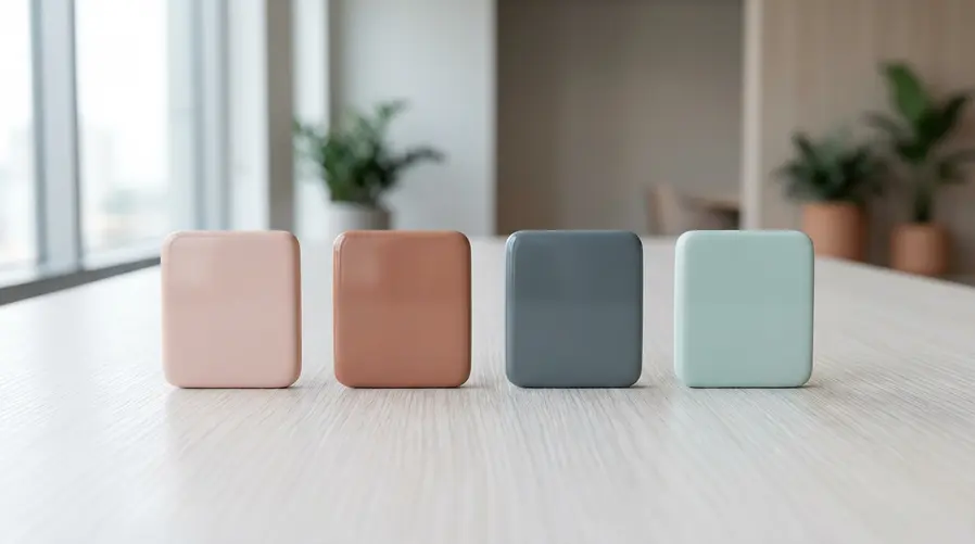 Close de quatro rastreadores Tile lado a lado, cada um em uma das novas cores Earthline — Blush, Clay, Slate e Seaglass — sobre uma superfície com textura natural, como madeira clara ou pedra, para reforçar a inspiração em materiais orgânicos.