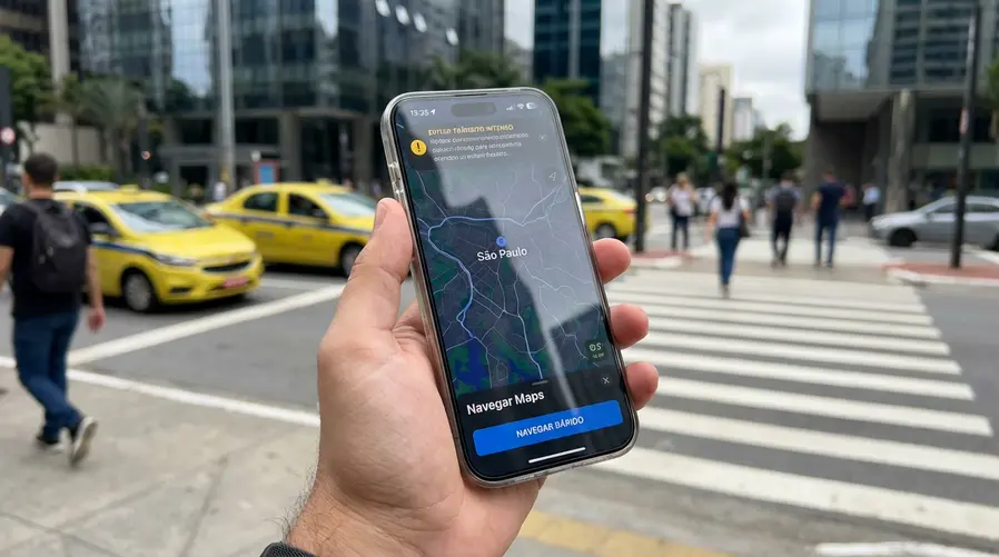 Captura de tela do Apple Maps em um iPhone mostrando a nova função em ação durante uma rota urbana, com destaque para a parte da interface que mudou na iOS 26.5, como um botão, card informativo ou aviso novo que facilita a navegação.