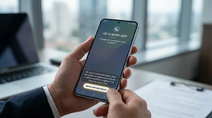 Uma tela de celular Samsung exibindo a interface de uma chamada sendo atendida pela IA, com transcrição aparecendo na parte inferior, identificação do número no topo e um destaque visual para o botão de revisar a gravação depois.