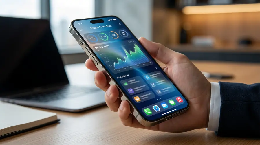 Foto de close do iPhone 17 Pro Max exibindo a tela grande de 6,9 polegadas com brilho forte e uma interface aberta que permita notar a fluidez do ProMotion, preferencialmente em um ângulo que valorize também o módulo das câmeras traseiras.