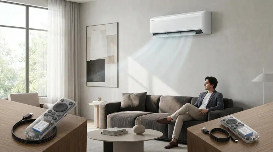 Mostrar um ar-condicionado de parede da linha Pro com o painel frontal mais quadrado, enquanto um feixe de ar é direcionado para uma pessoa sentada no sofá; no controle remoto, destacar visualmente a bateria interna recarregável e um cabo USB-C ao lado, para reforçar o uso prático dos novos recursos.