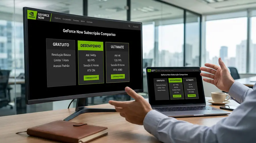 Uma tela de comparação visual com três blocos lado a lado mostrando os planos Free, Performance e Ultimate, destacando resolução, limite de FPS e duração de sessão, como se fosse uma card de assinatura dentro do app GeForce Now.