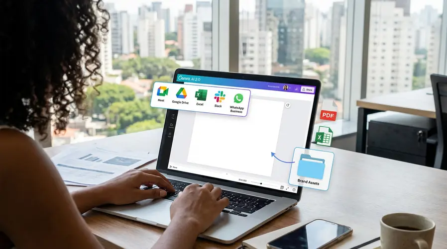 Uma tela do Canva AI 2.0 mostrando uma barra de conexão com outros serviços e um painel sugerindo que o usuário trouxe um arquivo, uma planilha ou um briefing de fora do app para dentro do editor, destacando a ideia de integração prática no fluxo de criação.