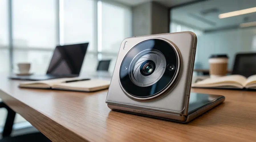 Uma foto de close do módulo de câmeras traseiras do Pura X Max, destacando o conjunto flexível e os elementos que sugerem a abertura variável da lente principal, para ilustrar a aposta da HUAWEI em fotografia como diferencial do dobrável.
