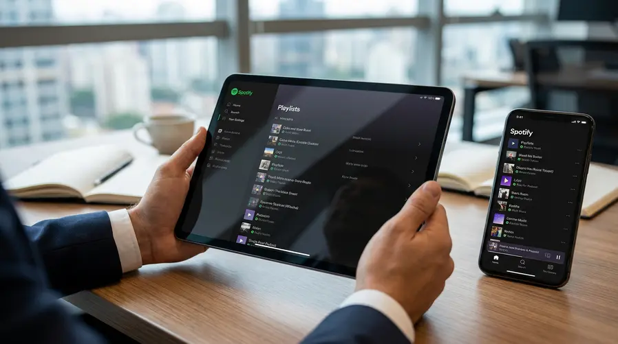 Uma captura de tela de um tablet em modo paisagem mostrando o Spotify com a sidebar lateral aberta ao lado da lista de músicas e podcasts, e outra visualização menor em modo retrato para evidenciar que a interface se reorganiza conforme a posição da tela.