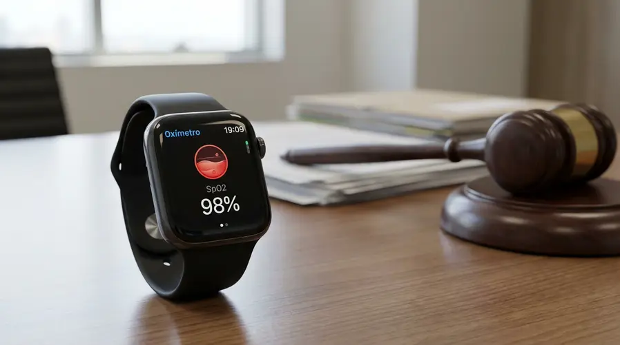 Uma imagem de um Apple Watch em destaque, com a tela exibindo o recurso de oxímetro/medição de oxigênio no sangue, ao lado de um martelo de juiz ou documentos de tribunal desfocados para reforçar a ideia de disputa jurídica.