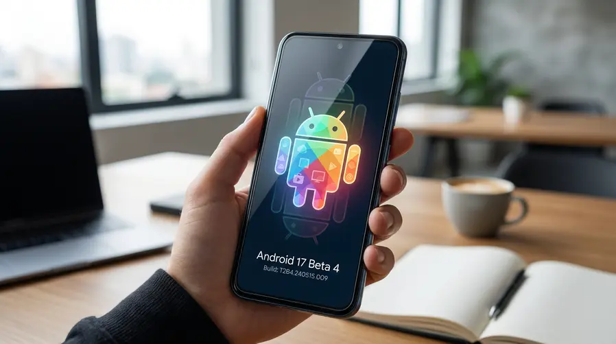 Uma captura do novo Easter egg do Android 17 Beta 4 mostrando o logo final já completo, com destaque para os elementos visuais que foram evoluindo nas betas anteriores, idealmente em uma tela de celular com a arte aberta e o visual do sistema em evidência.