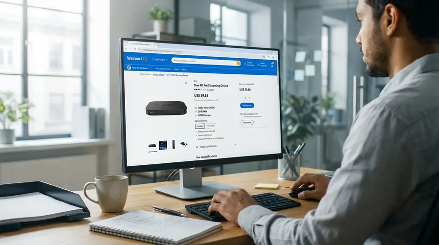 Captura da página de listagem do Walmart mostrando o nome 'Onn 4K Pro', o preço de US$ 59,88 e os detalhes visíveis da ficha técnica, como suporte a Dolby Vision HDR, memória e armazenamento, para ilustrar o vazamento de informações do produto.