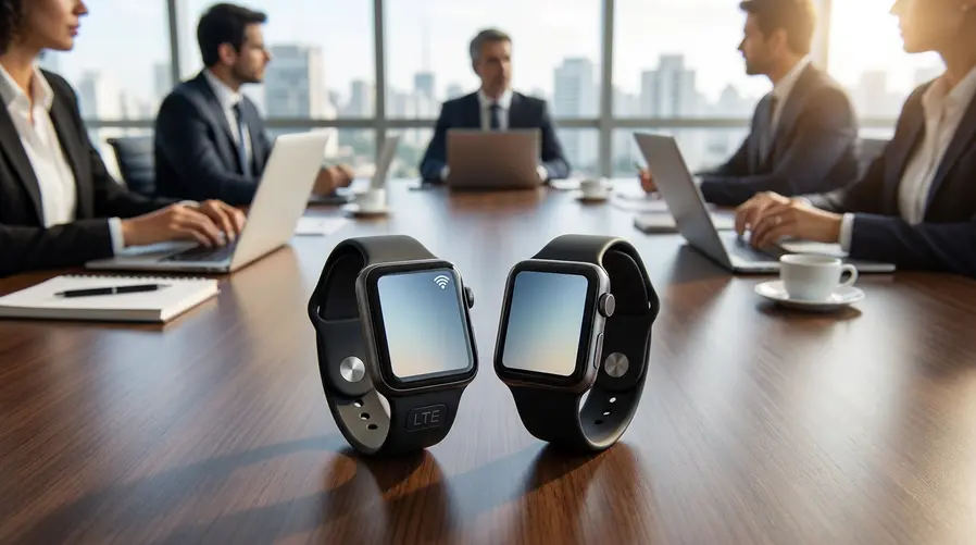 Uma comparação visual lado a lado de dois smartwatchs parecidos, com destaque em um ícone de sinal de celular em um deles e um selo discreto de “LTE”, para ilustrar a ideia de versões diferentes do Galaxy Watch Ultra 2 sem mostrar especificações técnicas demais.