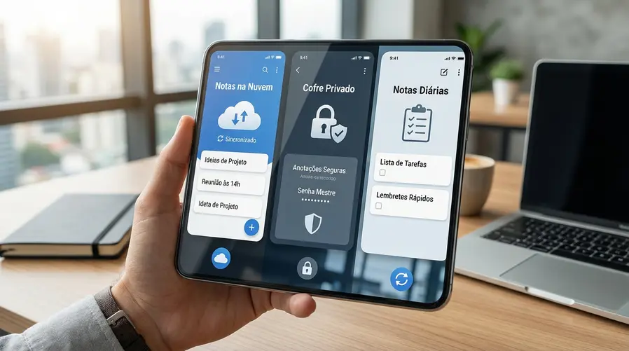 Uma comparação visual em tela de celular mostrando três apps de notas lado a lado, com pequenos ícones de cadeado, nuvem e sincronização; a imagem deve destacar a seção de alternativas com privacidade, sem marcas em destaque, e sugerir a diferença entre app com notas abertas na nuvem e app com proteção mais forte do conteúdo.