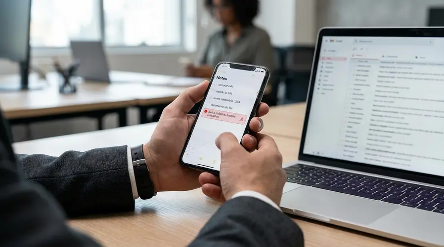 Uma captura de tela ou mockup de um app de notas mostrando uma lista de itens do cotidiano misturada com uma nota sensível destacada, como 'documentos', 'senha temporária' ou 'dados médicos', com elementos visuais de alerta indicando que nem tudo deveria ficar no mesmo lugar.