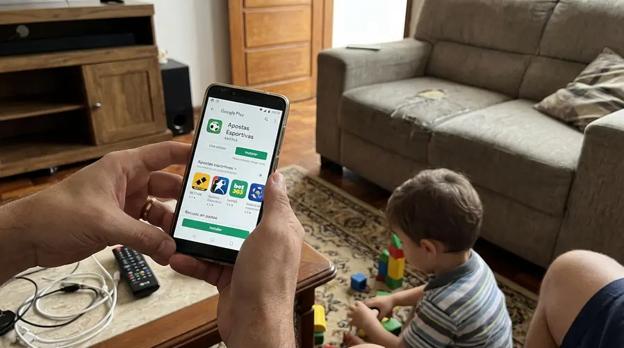 Um smartphone nas mãos de um adulto em casa, com a tela mostrando uma loja de apps aberta na página de um aplicativo de apostas, enquanto ao fundo há um ambiente familiar com criança perto do sofá, reforçando o risco de uso compartilhado do aparelho.