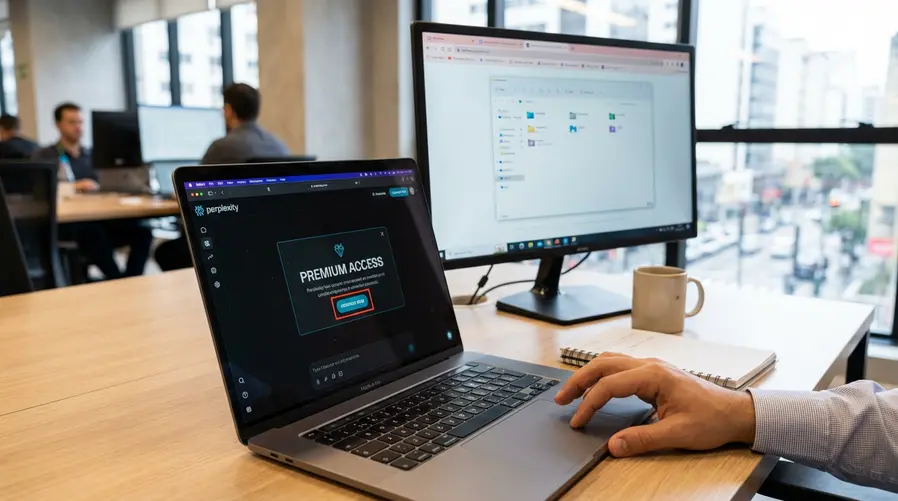Uma tela de MacBook com o app da Perplexity aberto e um destaque visual mostrando a área de assinantes/upgrade, ao lado de um exemplo de tarefa de uso cotidiano no computador, como abrir um arquivo, buscar um site ou organizar uma janela — para deixar claro que o acesso inicial é limitado a quem assina.