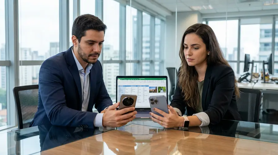 Uma comparação visual lado a lado entre um celular Android premium com módulo de câmera grande e um iPhone/Samsung topo de linha, destacando de forma clara o conjunto de lentes e o tamanho do sensor para ilustrar a ideia de hardware mais avançado versus projeto mais conservador.
