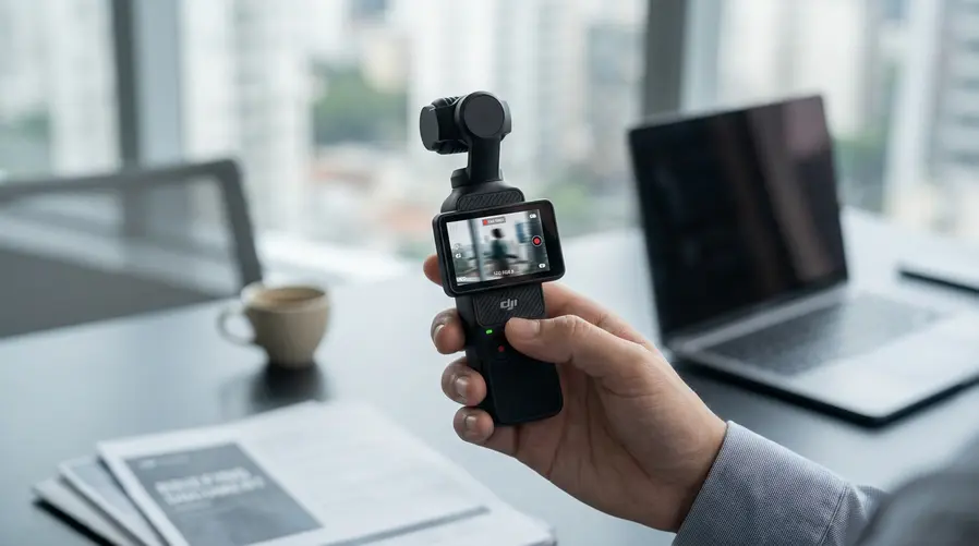 Uma captura do teaser mostrando a OSMO Pocket 4 em uso, com a tela exibindo um enquadramento mais cinematográfico e aparência de gravação em movimento suave, para ilustrar o possível modo de filmagem novo.