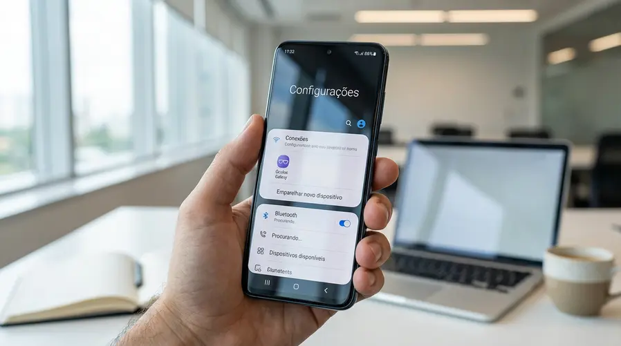 Uma captura de tela estilizada da One UI mostrando o novo ícone dos Galaxy Glasses ao lado de uma tela de conexão/pareamento no celular, com elementos visuais que indiquem claramente que se trata do acessório aparecendo dentro das configurações do smartphone.