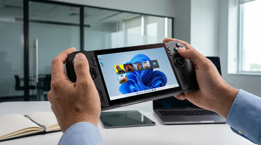 Imagem do console sendo usado nas mãos, com destaque para a pegada ergonômica, o corpo de 670 g e a tela de 7 polegadas exibindo uma interface de Windows 11/launcher de jogos, para ilustrar a discussão sobre conforto, portabilidade e limites da experiência em tela pequena.