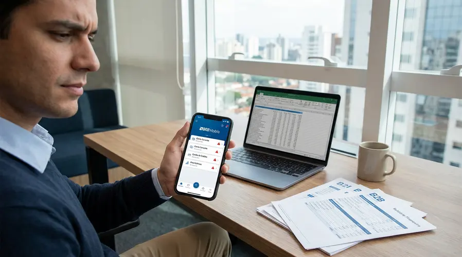 Imagem de apoio mostrando uma pessoa olhando o app do BRB no celular ao lado de notificações de conta, cartão e empréstimo, com um visual de atenção/alerta discreto, para reforçar a ideia de acompanhamento dos serviços sem sugerir interrupção confirmada.
