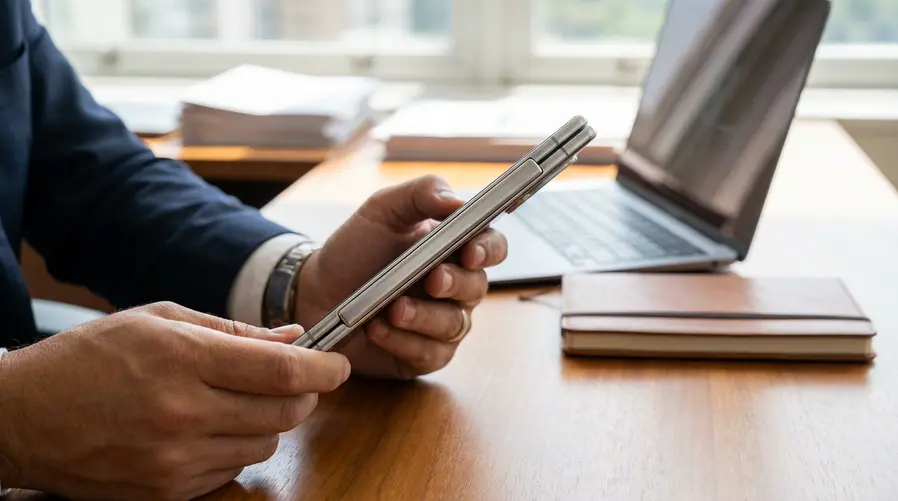 Uma imagem em close de um smartphone dobrável aberto parcialmente, destacando a região da dobradiça com foco visual em sua espessura e no encaixe entre as partes do aparelho, para reforçar a ideia de redesign que busca reduzir volume e peso.