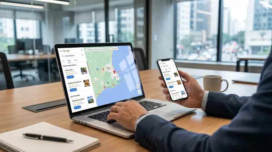 Uma captura de tela do Google Maps com um resultado de busca mostrando um lugar muito turístico e, ao lado, sugestões alternativas mais úteis e menos óbvias nas proximidades, como restaurantes, cafés ou pontos de interesse fora da rota mais batida.