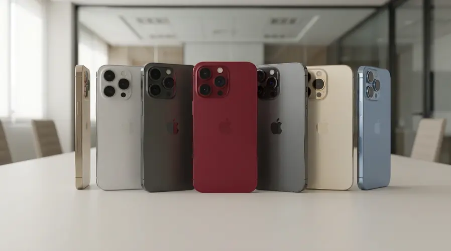 Close de vários iPhones Pro alinhados lado a lado sobre uma mesa clara, com destaque para a variação de cores e um aparelho em tom vermelho escuro/cherry-like no centro, para ilustrar a ideia de escolha de cor e apelo visual na linha premium.