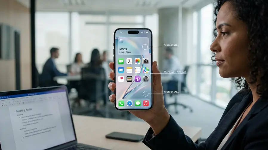 Uma imagem mostrando a tela de um iPhone com a interface do Liquid Glass em destaque, sobreposta por marcações visuais indicando as áreas que podem receber ajustes no iOS 27, como menus, barras e elementos translúcidos do sistema.