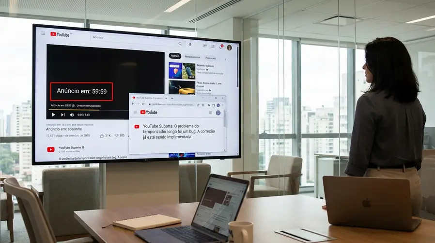 Uma captura de tela de uma TV com o app do YouTube aberto, mostrando um anúncio com contagem regressiva exagerada destacada na tela, ao lado de um pequeno recorte visual com a resposta do YouTube informando que o problema foi um bug e que o fix está em distribuição.