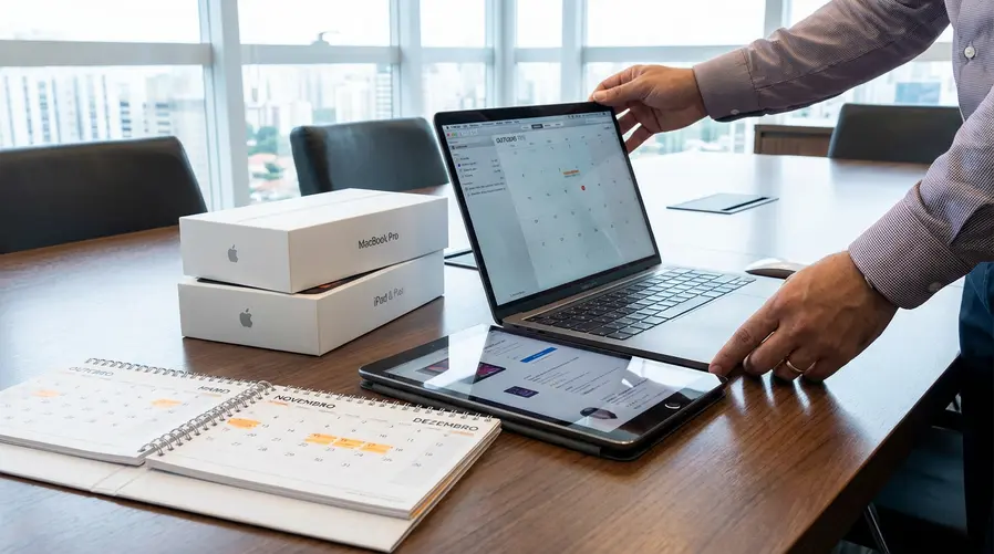 Uma mesa com um MacBook e um iPad ao lado de caixas de produtos da Apple e um calendário aberto destacando os próximos meses, para ilustrar a ideia de que ainda há lançamentos a caminho e que a decisão de compra pode valer uma espera.