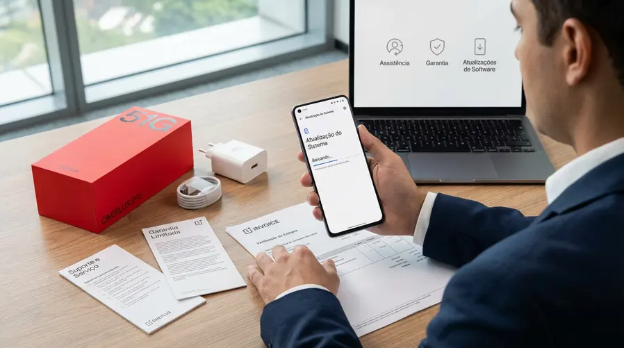 Uma imagem comparando um celular OnePlus em uso no dia a dia com elementos de compra e suporte, como caixa do aparelho, tela de atualização do sistema e ícones de assistência/garantia, para ilustrar o que o consumidor precisa checar antes de comprar.