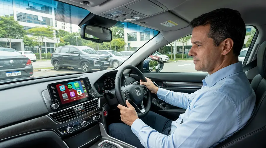 Uma foto da tela de um carro com CarPlay ativo, mostrando um painel com novos ícones de apps e um motorista visualizando opções no display central enquanto o carro está parado, para ilustrar o ganho de praticidade no uso cotidiano.