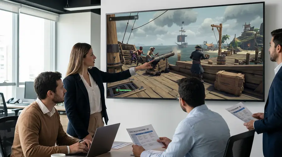 Uma arte do jogo mostrando o momento em que um grupo de jogadores pilota um navio pirata enquanto um personagem aponta canhões para um navio inimigo, com elementos que sugiram construção de base e sobrevivência ao fundo, para ilustrar o que já está incluído no acesso antecipado e o clima de conteúdo em evolução.