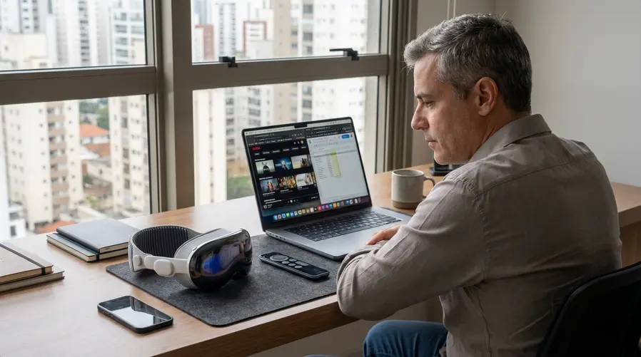 Uma cena de um usuário olhando para um headset Vision Pro sobre a mesa ao lado de um smartphone e um controle remoto da TV, com a ideia de contraste entre inovação e uso real: o aparelho premium parecendo impressionante, mas pouco prático para tarefas comuns como ver streaming, navegar ou trabalhar em casa.