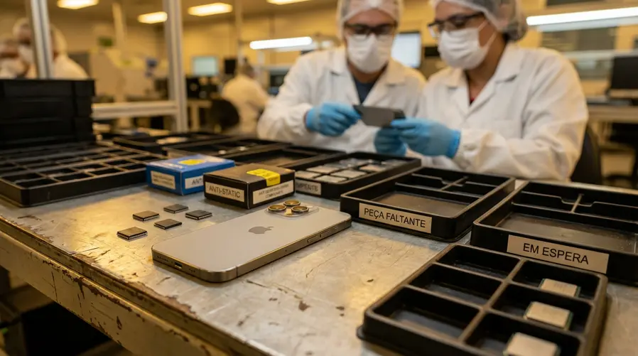 Uma foto de um iPhone recente ao lado de chips de memória e caixas de componentes eletrônicos sobre uma mesa de produção, para ilustrar a ideia de escassez de peças que pode influenciar oferta e preço de futuros aparelhos.