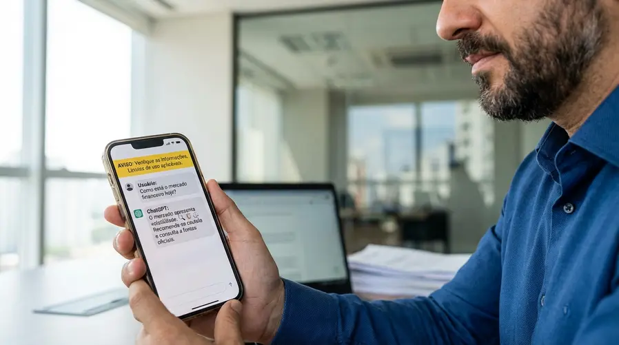 Uma tela de celular mostrando uma conversa com ChatGPT acompanhada de um aviso em destaque sobre checagem de informação e limites de uso, com ícones discretos de transparência, risco e moderação ao lado das respostas.