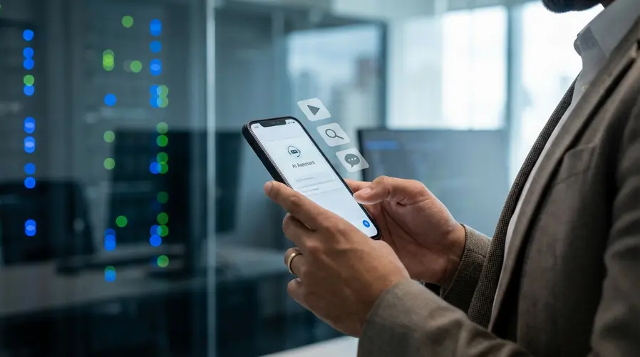 Uma tela de smartphone mostrando um assistente de IA em um app do dia a dia ao lado de ícones de streaming, busca e mensagens, com elementos discretos de servidores em nuvem ao fundo para ilustrar que essa estratégia aparece nos serviços que o usuário já consome, sem destacar marcas específicas.
