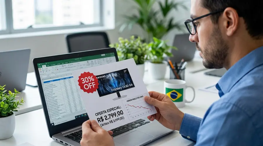Um card de oferta mostrando o monitor Samsung Odyssey OLED G6 de 27 polegadas com destaque para o selo de 30% OFF, preço atual versus preço anterior e um pequeno gráfico de linha indicando a queda até o menor preço do ano.