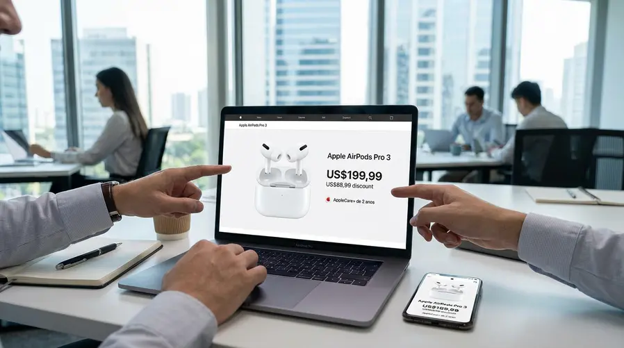 Uma captura de tela da oferta destacando o preço de US$199,99, o desconto de US$88,99 e a menção ao AppleCare+ de 2 anos, como se fosse o bloco principal de uma página de compra em promoção.