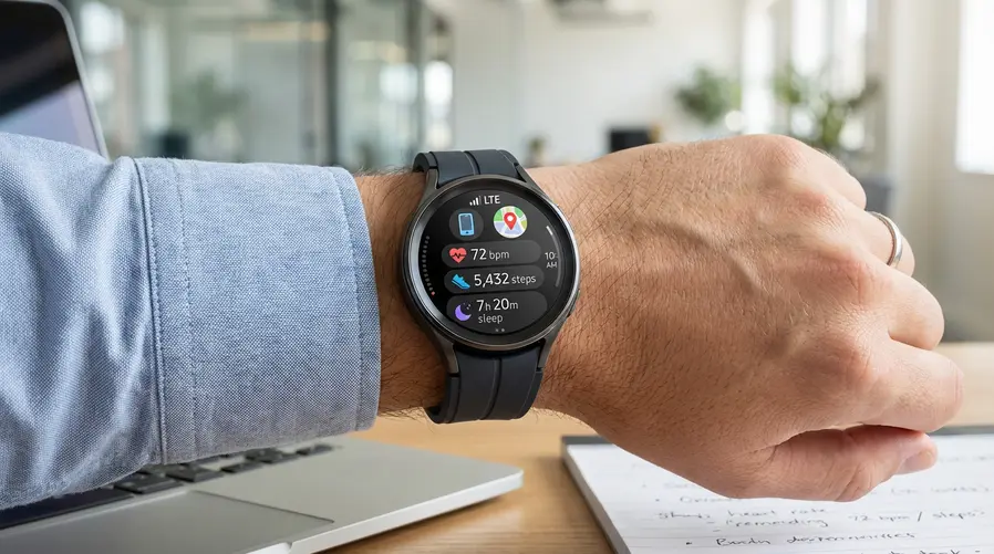 Uma foto em close do Galaxy Watch 8 LTE no pulso, mostrando a interface do relógio com ícones de chamadas, GPS e monitoramento de saúde na tela, para ilustrar o uso independente do smartphone e a proposta de conectividade LTE.