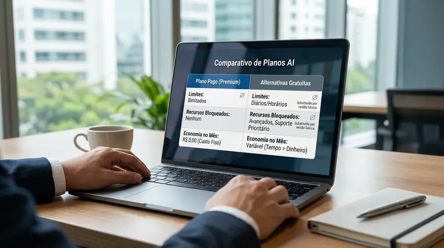 Uma tela de celular ou notebook com uma comparação lado a lado entre um plano pago de IA e alternativas grátis, destacando caixas de texto curtas como 'limites', 'recursos bloqueados' e 'economia no mês', para ilustrar a troca prática feita pelo autor.