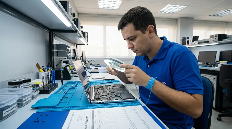 Uma foto comparativa de um notebook da linha MacBook Neo aberto em bancada de manutenção, com ferramentas de reparo ao lado e peças acessíveis visíveis, para reforçar visualmente que esse modelo foi a exceção positiva em facilidade de conserto.
