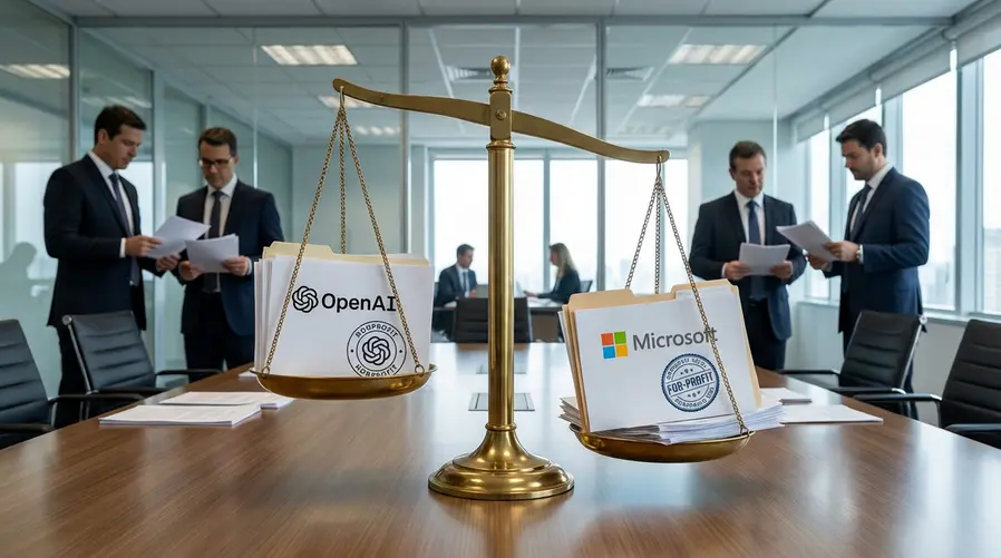 Uma imagem que mostre uma balança de tribunal dividida entre dois blocos: de um lado, o nome OpenAI com a marca de uma entidade sem fins lucrativos; do outro, um símbolo de empresa com fins lucrativos ligado ao nome Microsoft. A composição deve reforçar visualmente a ideia de disputa sobre a mudança de modelo e quem se beneficia dela.
