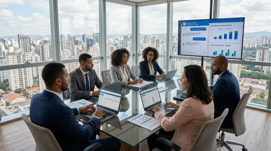 Foto de um escritório moderno em São Paulo com uma equipe em reunião olhando para telas com interface de chatbot e gráficos de uso, transmitindo a ideia de operação local e suporte para empresas brasileiras — não uma imagem genérica de IA.