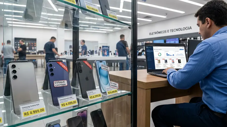 Um comparativo visual de prateleira de loja e tela de e-commerce mostrando celulares com etiquetas de preço, alguns modelos em promoção e aviso de estoque limitado, para ilustrar a desaceleração das remessas e como isso pode afetar ofertas e disponibilidade no Brasil.