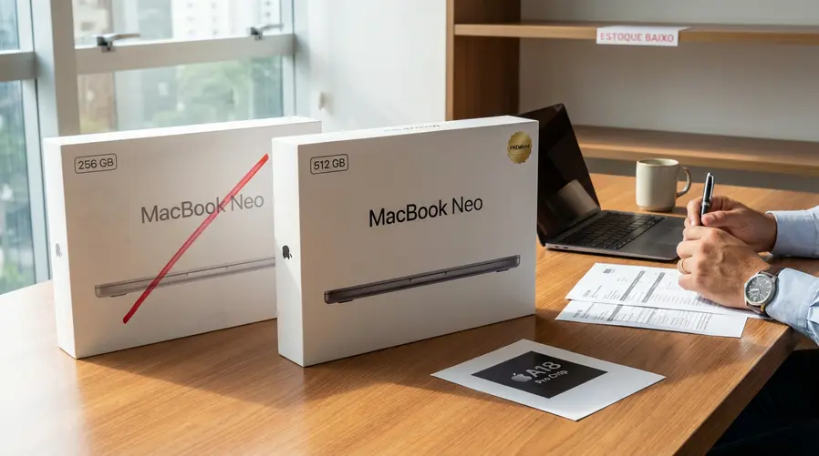Uma imagem comparando duas caixas ou especificações de um MacBook Neo: à esquerda o modelo de 256 GB riscado ou esmaecido, e à direita o modelo de 512 GB destacado, com um chip A18 Pro em evidência e um pequeno aviso visual de estoque apertado.