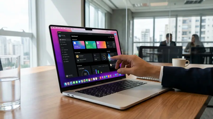Um mockup do MacBook Pro em destaque, mostrando a tela com um recorte central pequeno no topo no estilo Dynamic Island, a superfície da tela com aparência OLED mais viva e um detalhe visual que sugira toque na tela, como dedos próximos ao painel ou um gesto de toque sobre um app.